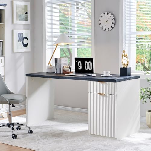 Image of 60 inch Fluted Home Office Desk, Reversible Left‑Right Cabinet, Built‑in Outlet | Reversible design lets you fix the cabinet on left‑hand or right‑hand side to fit your room layout