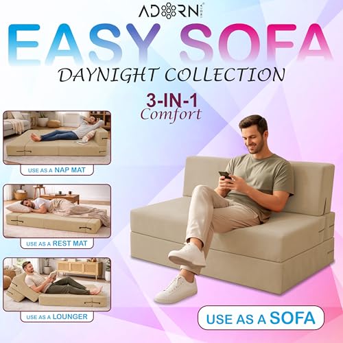 Image of Adorn India Easy 3 Seater Sofa Cum Bed | Velvet Fabric | Cream | Plain Design | 6x5 Ft | Comfortable Seating | Washable Cover | Perfect for Home & Office