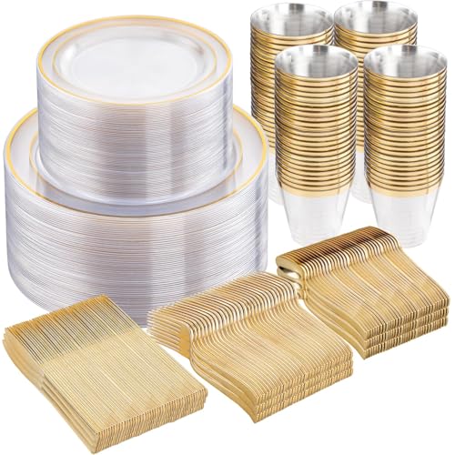 WELLIFE 600pc Gold Trim Plastic Dinnerware Set for Party: 100 Dinner Plates 100 Dessert Plates 300 Cutlery 100 cups