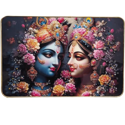 Image of Masstone Spritual Painting Radha Krishna Crystal Embedded Big Frame for Home Decor | Premium Gloss Finish | Gold Slim Frame Wall Art | Ready to Hang (1218-CRG03)