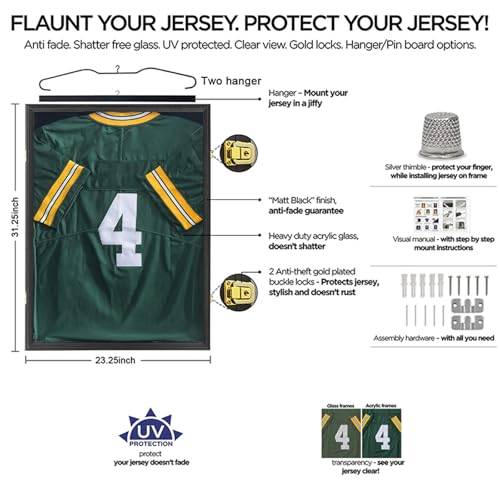 Image of Jinchuan Jersey Frame Display Case Large Shadow Box Lockable with UV Protection Acrylic Hanger and Wall Mount Option for Baseball Basketball Football Soccer Hockey Sport Shirt Black Finish