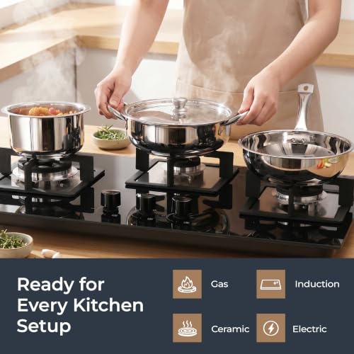 Image of Lifelong Stainless Steel Cookware Set of 5 | Kadhai (2.2L), Fry Pan (1.4L), Saucepan (1.2L), Tope (1.4L) with SS Lid, Induction Bottom, Riveted Handle, Durable Build, Even Heating, Dishwasher Safe
