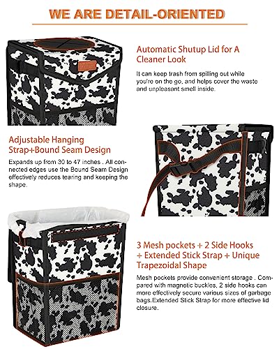 Image of Pritent Car Trash Can with Lid Leakproof Car Garbage Bag Vehicle Trash Bin | Hanging Automotive Garbage Can,Multipurpose Car Accessories for Women Men Interior Car Storage Organizer(2 Gal,Cow Print)