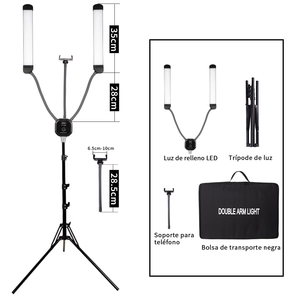 Luz LED 50W Doble Brazo con Trípode, Ajustable Brillo y Temperatura de Color para Maquillaje, Relleno de Luz, Extensiones de Pestañas, Tatuajes, Estética Facial, Fotografía/Video de Estudio