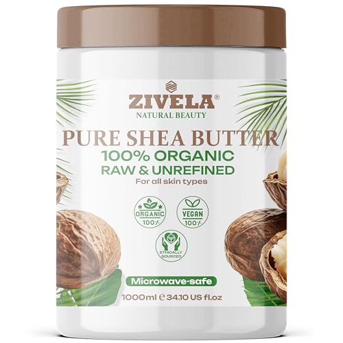 Zivela Manteca de karité 100% bio 1000ml, cruda y sin refinar, cuidado corporal natural, hidratante y reengrasante para todos los tipos de piel