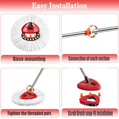 Image of Spin Mop Replacement Head Mop Replace Head Compatible with O Cedar EasyWring Spin Mop - 4 O-Ceda Mop Refills、30-58in Mop Handle and 1 Mop Base and 1 Mop Base Scrub Brush Combo Set
