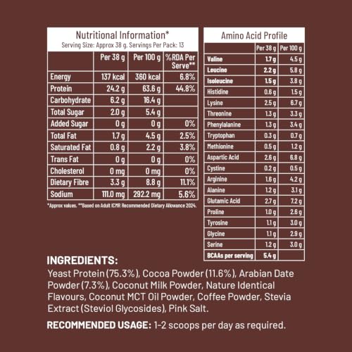 Image of Mille Dark Chocolate Yeast Protein Powder (NEW LAUNCH) | 24g Protein /Scoop | NO BLOAT | NO Added Sugar | Fermented Yeast Protein Powder | Vegan | Has All 9 Essential Amino Acids | No Adulteration | 500g