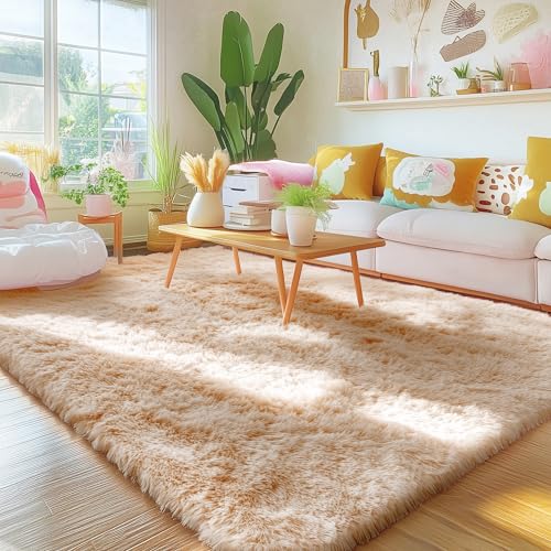 smiry Alfombra de pelo largo, mullida, lavable, parte inferior antideslizante, moderna alfombra para pasillo, salón, habitación infantil, dormitorio, color camello, 80 x 150 cm