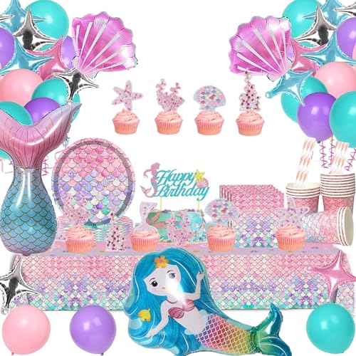 Aszaui 121 Piezas Decoracion Cumpleaños Sirena,Platos y Vasos para Sirena ,Juego de Vajilla de...