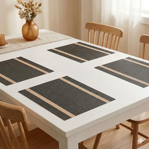 Image of YELONA Placemats Set of 4, Heat-Resistant Woven Vinyl Table Mats, Non-Slip & Washable Dining Tablemats for Kitchen & Dinner Decor, Black & Gold (45cm x 30cm)