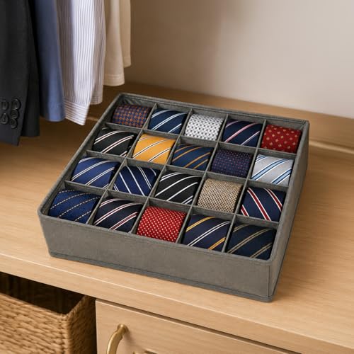 Image of HomeEssentials 20-Compartment Foldable Closet Organizer, Grey - Drawer Storage Box for Socks, Ties & Scarves, Space-Saving Wardrobe Divider for Neat and Organized Clothing Storage
