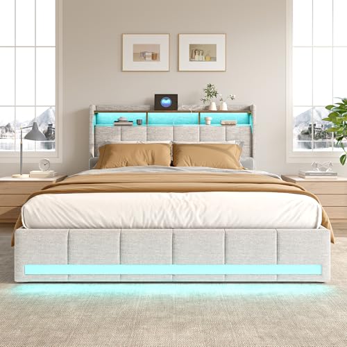 BRYXR Cama doble de 140 x 190 cm con somier, elegante cama tapizada con espacio de almacenamiento, 4 cajones, iluminación LED individual, conexiones USB y tipo C, diseño moderno beige para una
