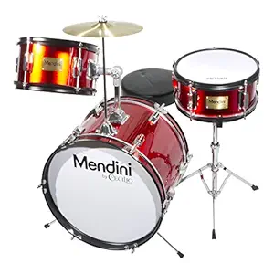 Mendini MJDS-3-BR 16-inch 3-Piece Bright Red Junior Drum Set with Cymbals, Drumsticks and Adjustable