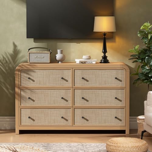 Image of Oak&Sparrow 6 Drawer Dresser for Bedroom, 49'' Rattan Dresser with Ample Storage, Boho Chest of Drawers, Thickened Curved Profile Design, Oak Dressers for Bedroom, Living Room
