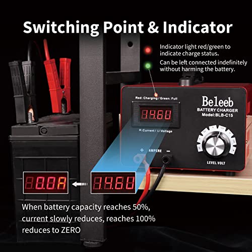 Image of C15 Multiple Voltage Battery Charger 6V 8V 12V 24V Lead-Acid LiFePO4 Lithium Batteries, 15 A Automotive Car Battery Charger and Desulfator for Golf Cart Motorcycle Truck Lawn Mower