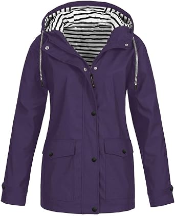 Womens Rain Jacket Fall Winter Jacket Outdoor Sports Hooded Trench Jacket Solid Zip Up Windbreaker Drawstring Parka