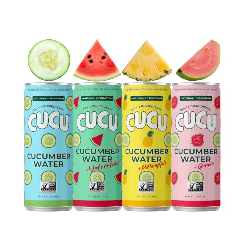 Image of CUCU Pressed Cucumber Water Variety Pack - Real Juice from Fresh Cucumbers, Watermelon, Guava & Pineapple, with Vitamin C, Electrolytes, Antioxidants - No Sugar Added, Non-GMO - 11 fl oz Cans, 12 Pack