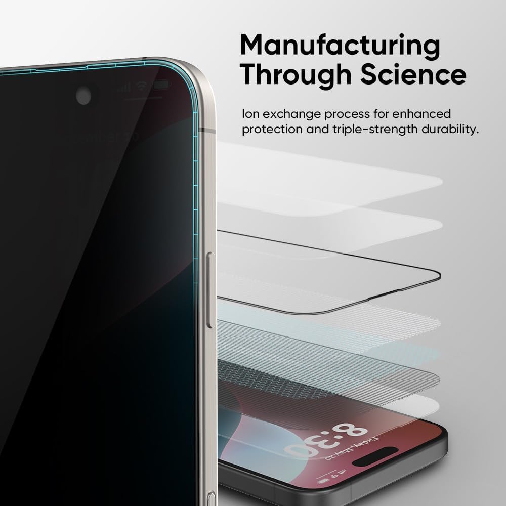 FLOLAB NanoArmour ONETIME PRO for iPhone 16 Privacy Screen Protector, Anti-Reflective, Infinity Edge-to-Edge, Anti-Spy Tempered Glass, Reinforced Edges, Smooth, Easy Install, Dust-Free