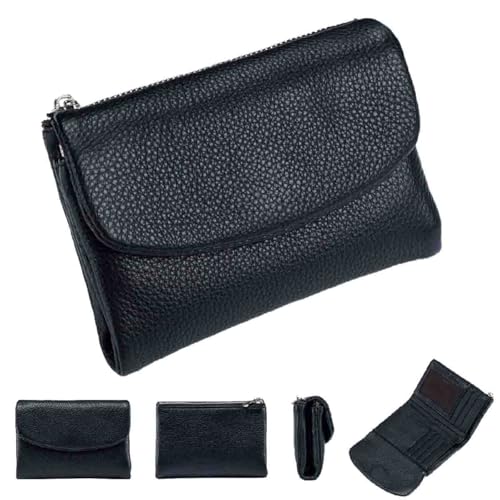 Unisex Leather Wallet,5.3 In Short Genuine Leather Coin Purse with Credit Card Holder,Clutch Bags,Small Wallets for Women,Coin Holder & Cash Slots,RFID Protected (Black)