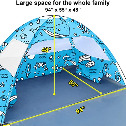 Ocean World 3-4 Person Family and Baby Beach Tent – Cool Beach Essentials for Shade, UPF 50+ UV Protection and PU800 Waterproof, Portable Pop Up Sun Shade Cabana Shelter for Kids and Toddlers,