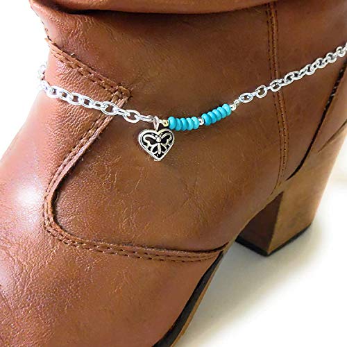 Cowgirl Heart Charm Turquoise Boot Charm Bracelet Chain Adjustable Size 15 Inch
