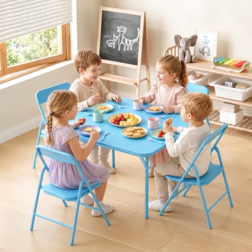 Image of JOYMOR Kids Folding Table and Chairs Set, 5-Piece Metal Frame Activity Set with Easy-Fold Design for Playroom & Classroom, Blue