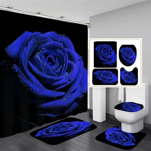 4PCS Royal Blue Rose Shower Curtain Set, with Rugs and