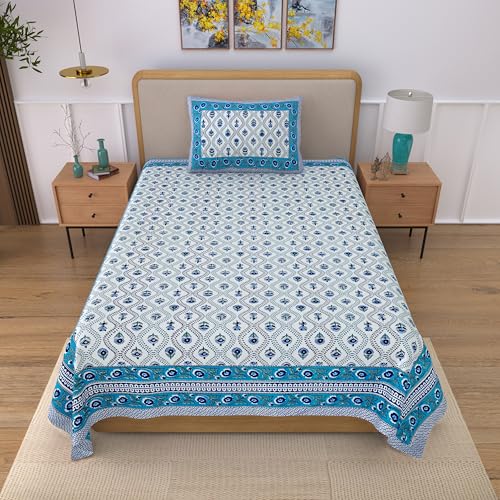 Image of 100% Cotton Single Bedsheet with 1 Pillow Cover | 240 TC Pure Cotton Flat Bed Sheet | Traditional Jaipuri Printed Bedding Set | Soft & Breathable | 60 x 90 Inch (Rangmahal Single 37)