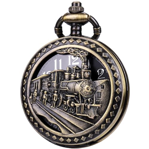Image of SIBOSUN Antique Men Pocket Watch with Chain Oversized 50MM 1.96 Inch 3D Locomotive Steam Train Railroad Hollow + Box