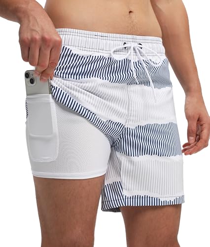 Image of Mens Swim Trunks Compression Liner No Mesh Swimming Trunks Men Swimwear Quick Dry Above Knee Zipper Pocket Swim Shorts