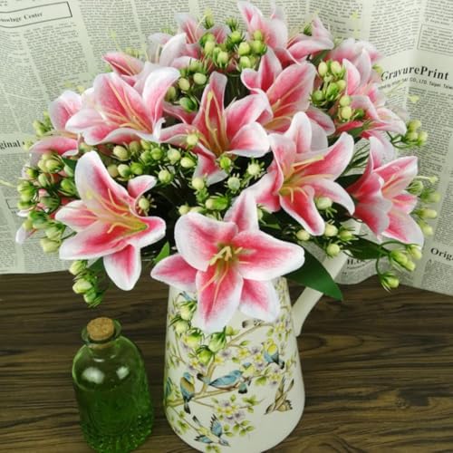 LatoYard Lot de 2 bouquets de lys artificiels en soie, 9 têtes de fleurs réalistes pour décoration d'intérieur, centre de table de fête de mariage, 33 cm de hauteur, 4 options de couleur