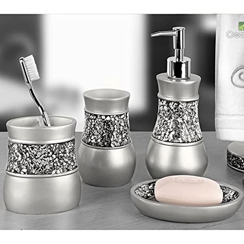 Creative Scents Gray Bathroom Accessories Set - 4 Piece Bathroom Decor Set For Home, Bath Restroom Set Features Soap Dispenser, Toothbrush Holder, Tumbler, Soap Dish - Bling Silver Mosaic Glass #TOP1
