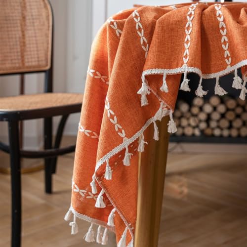 Nappe rectangulaire orange citrouille en lin de coton évidé pour décoration de table rose