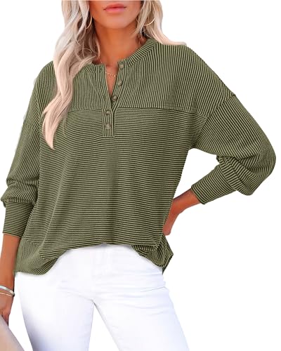 KIRUNDO Going Out Tops for Women Henley Shirts 2025 Casual Ribbed Knit Long Sleeve Tunic Summer Fall Button V Neck Blouse(Army Green, X-Large)