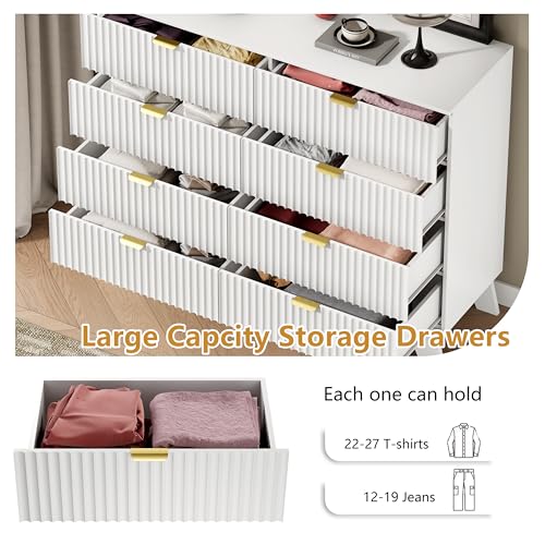 Image of Wodeer 8 Drawer Fluted Dresser for Bedroom, Mid Century Modern Dresser with 8 Drawers, Dressers & Chests of Drawers with Metal Handle, TV Stand & Storage Organizer for Entryway, Hallway, White