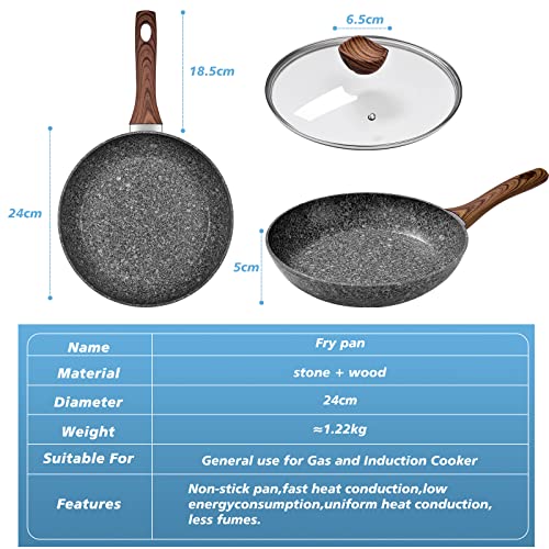 Rainberg 24CM Frying Pan with Lid, Granite Nonstick Frying Pans with Lid, Stone Frying Pan, Induction Compatible (24CM) - Image 2