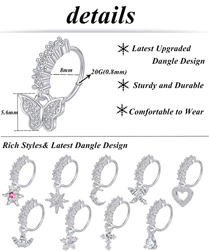 Tornito 10Pcs Dangle Nose Rings Hoop Butterfly Heart Moon Flower Star CZ Cartilage Earring Dangling Nose Body Piercing Jewelry 20G Silver Rose Gold Black Tone2
