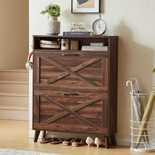 Joaxswe Shoe Cabinet Storage for Entryway with 2 Flip Drawers 2 Hook Open Storage Layer Rack Narrow...