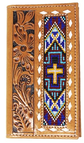 CHALLENGER Men's Western Rodeo Wallet Floral Tooled Beaded Leather Checkbook Cover 18FKW78R