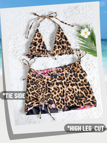 Image of ShawGobow Womens 3 Piece Leopard Bikini Set,Triangle String High Cut Thong Sexy Swimsuit & Coverup Skirt,Pool Party Outfit