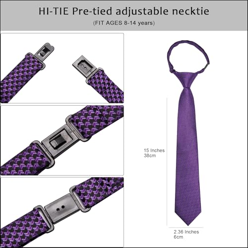 Image of Hi-Tie Boys Tie Pre-Tied Pocket Square Set Adjustable Kids Neckties Age 7-11 Years School UniForm Graduation