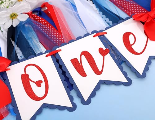 Image of Red White and Blue 1st Birthday Highchair Banner - Patriotic First Birthday Party Decoration, Independence Day ONE Highchair Banner for Baby, Fourth of July Photo Props Cake Smash, 4th of July Party Supplies (Patriotic Heart HIgh Chair Banner)