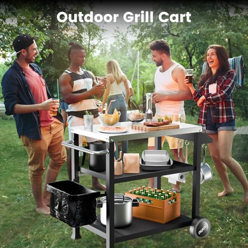 NUUK 3-Shelf Grill Cart for Outdoor with Stainless Steel Top – 20\" x 32\" Movable Pizza Oven Stand with Wheels Kitchen Prep Table BBQ Cart Worktable