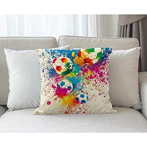 Moslion Football Pillows Decorative Throw Pillow Cover Sports Passion Rainbow Color Soccer Balls Doodle Polka Dot Pillow Case 18X18 Inch Cotton Linen Square Cushion Cover Christmas Sofa Bed #TOP1
