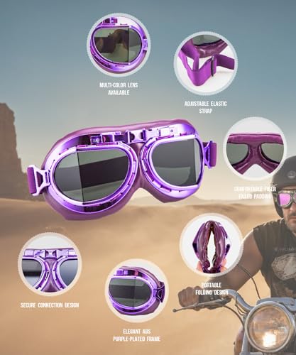 CRG Sports Vintage Aviator Pilot Style Motorcycle Cruiser Scooter Goggle T08 T08ZTZ - Parent (Purple frame Tint lens)