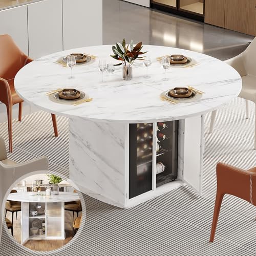 IBF 47 Round Dining Table with Storage White Faux Marble Kitchen Tables for 4-6 People Modern Dining Room Table with Fridge Space Wood Circle Dinner Tables for Home White Marble Only Table