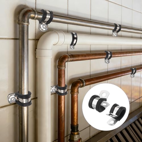 Mawmuaw 25 szt. Zaciski do rur z wkładką gumową 30 mm Zaciski do rur ze stali nierdzewnej 304 Zaciski do kabli Gumowe P Klipsy Zaciski do kabli Metalowe P-Klamry Zaciski do węży dla kabli Węże Drążek