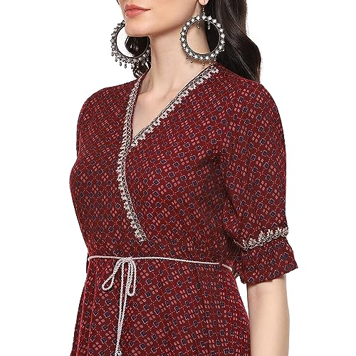 Image of Rangriti Maroon Cotton Blend Printed Dress for Women