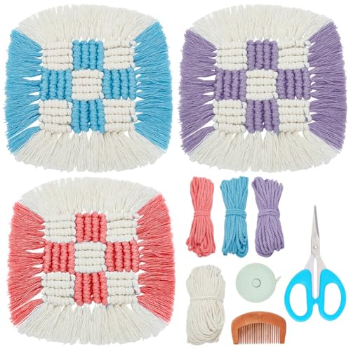 BEUNITONE DIY Two Tone Macrame Coasters Kit 3 Set Macrame Coasters Kit with Instruction Woven Boho Handmade Absorbent Placemats Tassle Boho Coasters for Drinks Absorbent Home Decor Tabletop
