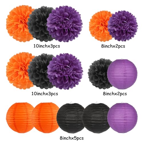 Image of Purple-Orange Black Party-Decorations Paper-Flowers Lanterns - 15PCS Halloween Tissue Pom Poms Streamers,Vintage Birthday Retro Baby Bridal Shower Wedding Bachelorette Hanging Supplies Decor Hugfond